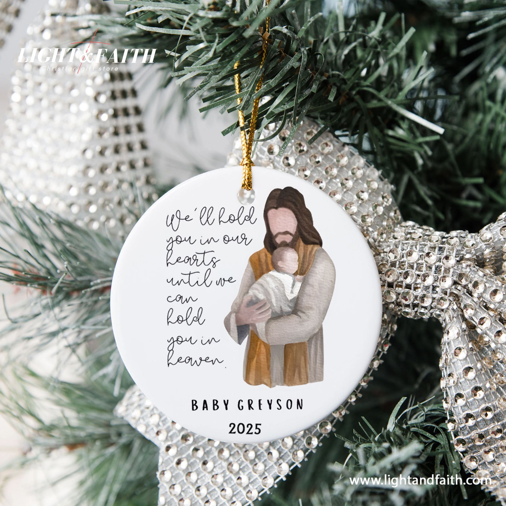 Memorial Christian Ornament, Jesus Holding Baby in Heaven, Personalized Remembrance Ornament 2025, Religious Christmas Decoration DCLAF41